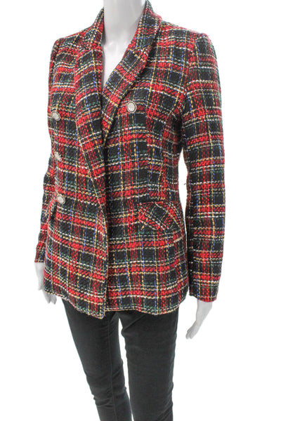 Rachel Zoe Women Plaid Button Blazer Red Polyester Long Sleeve Size S