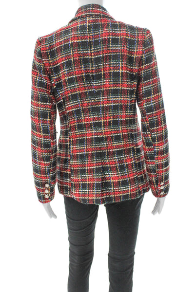 Rachel Zoe Women Plaid Button Blazer Red Polyester Long Sleeve Size S