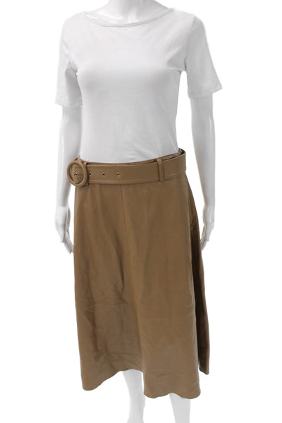 Zara Women A-Line Faux Leather Midi Skirt Tan Zip Closure Size M