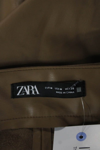 Zara Women A-Line Faux Leather Midi Skirt Tan Zip Closure Size M