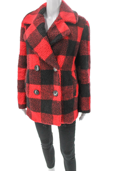 French Connection Women Red Plaid Pea Coat Button Polyester Long Sleeve Size S