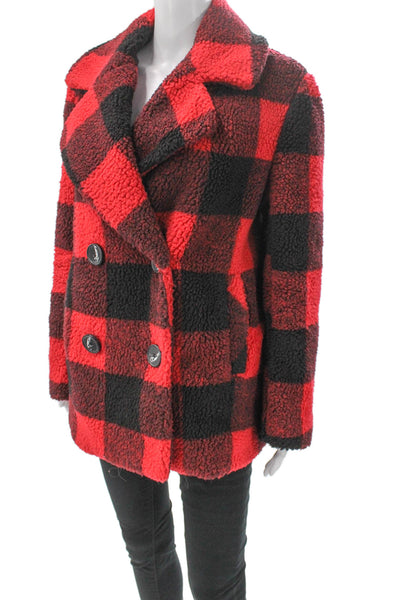 French Connection Women Red Plaid Pea Coat Button Polyester Long Sleeve Size S
