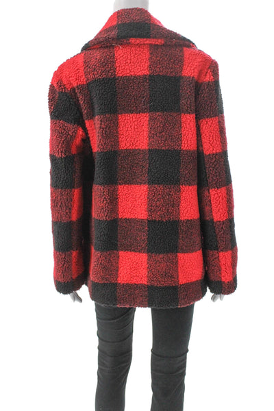 French Connection Women Red Plaid Pea Coat Button Polyester Long Sleeve Size S