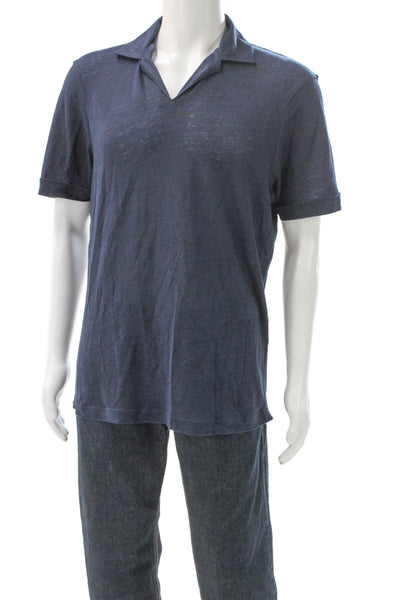 M&S Mens Short Sleeve Collared V Neck Knit Polo Shirt Navy Cotton Size Medium