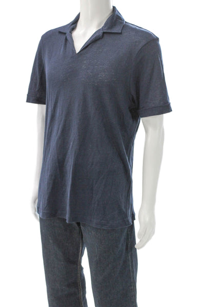 M&S Mens Short Sleeve Collared V Neck Knit Polo Shirt Navy Cotton Size Medium