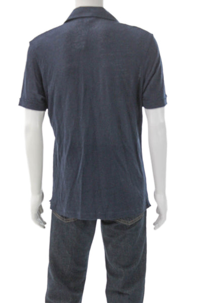 M&S Mens Short Sleeve Collared V Neck Knit Polo Shirt Navy Cotton Size Medium