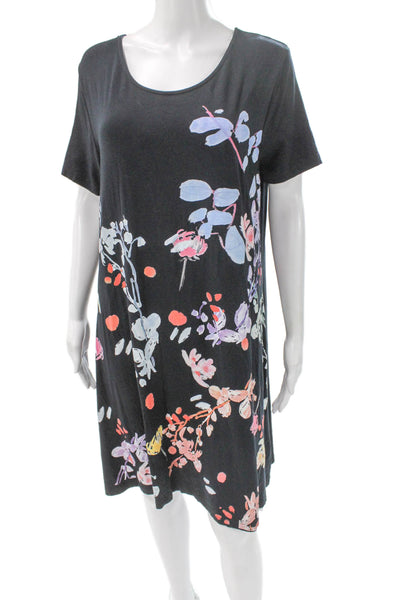 Desigual Womens Shift Dress Black Floral Scoop Neck Short Sleeve Size 2XL