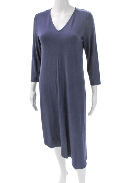 Eileen Fisher Women Trapeze Swing V-Neck Blue Midi 3/4 Sleeve Dress Size S