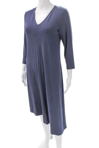 Eileen Fisher Women Trapeze Swing V-Neck Blue Midi 3/4 Sleeve Dress Size S