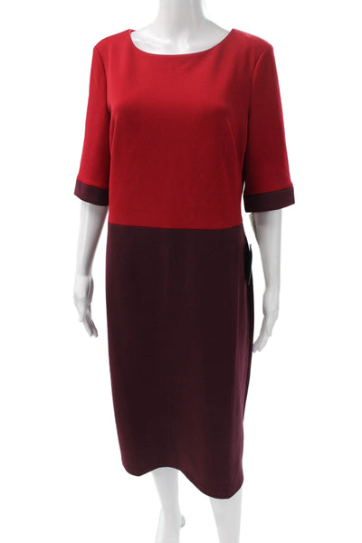 Maggy London Women Sheath Dress Red Boat Neck 3/4 Sleeve Knee Length Size 16