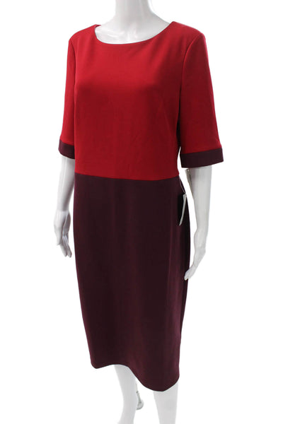 Maggy London Women Sheath Dress Red Boat Neck 3/4 Sleeve Knee Length Size 16