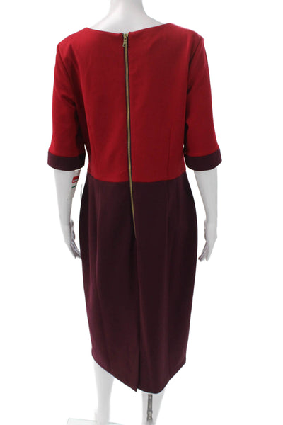 Maggy London Women Sheath Dress Red Boat Neck 3/4 Sleeve Knee Length Size 16