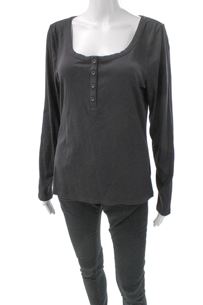 Athleta Womens Black Henley Long Sleeve Basic T-Shirt Button Front Size XL