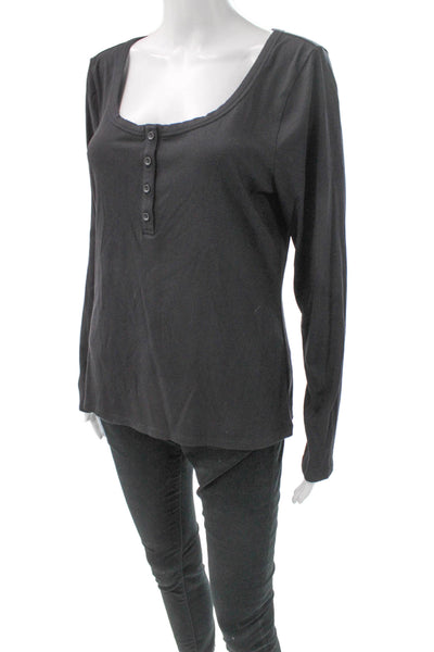 Athleta Womens Black Henley Long Sleeve Basic T-Shirt Button Front Size XL