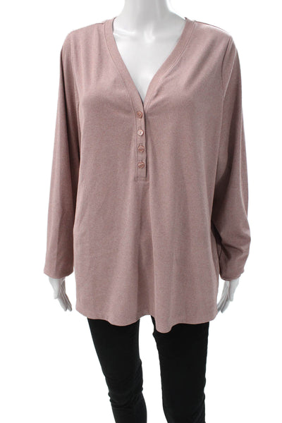 Athleta Women Plus Basic Pink Ribbed Knit V-Neck Button T-Shirt Size 2X