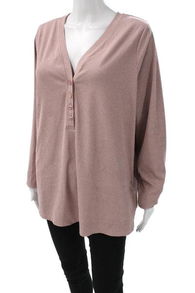Athleta Women Plus Basic Pink Ribbed Knit V-Neck Button T-Shirt Size 2X
