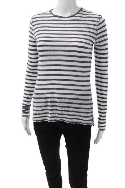 Vince Women Basic T-Shirt White Striped Lyocell Crew Neck Long Sleeve Size 2XS