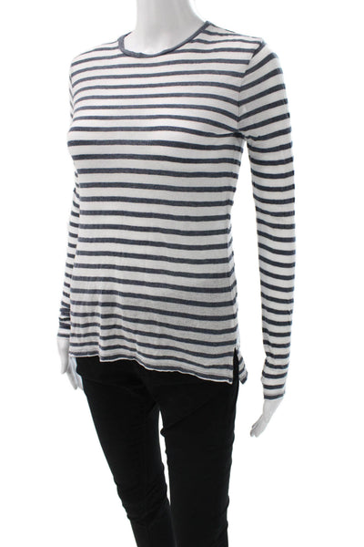 Vince Women Basic T-Shirt White Striped Lyocell Crew Neck Long Sleeve Size 2XS