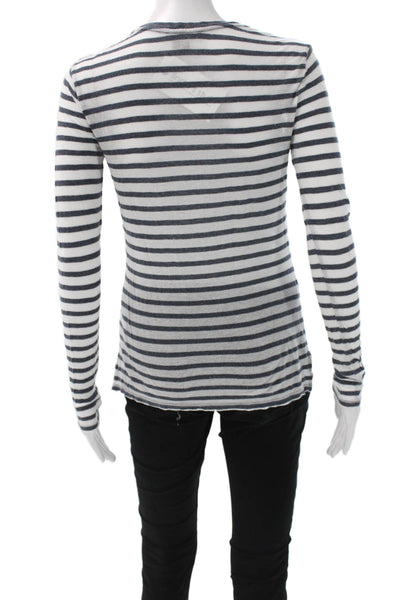 Vince Women Basic T-Shirt White Striped Lyocell Crew Neck Long Sleeve Size 2XS