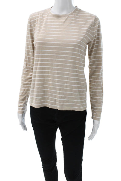 Kule Womens Striped Cotton Long Sleeve Crew Neck Basic T-Shirt Beige Size XS