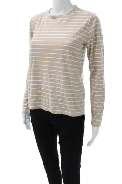 Kule Womens Striped Cotton Long Sleeve Crew Neck Basic T-Shirt Beige Size XS