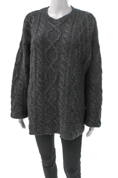 J Crew Women V-Neck Cable Knit Wool Sweater Gray Long Sleeve Size L