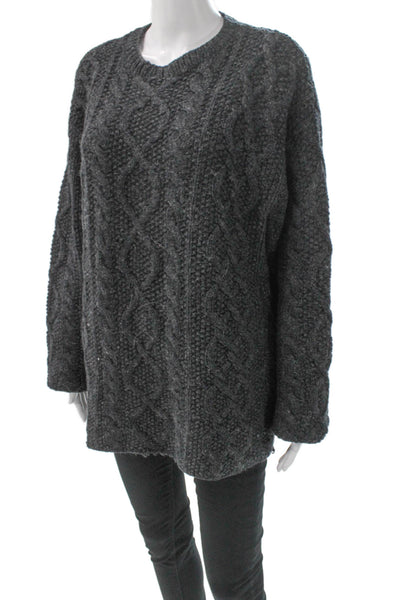 J Crew Women V-Neck Cable Knit Wool Sweater Gray Long Sleeve Size L
