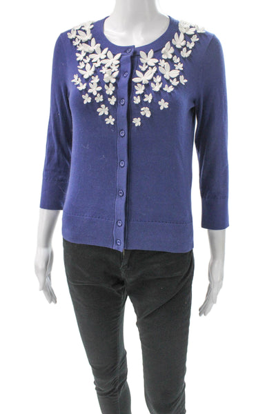 Kate Spade New York Women Floral Cardigan Round Neck 3/4 Sleeve Blue Size XS