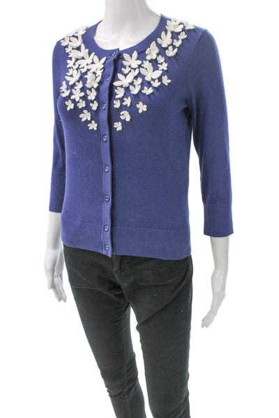 Kate Spade New York Women Floral Cardigan Round Neck 3/4 Sleeve Blue Size XS