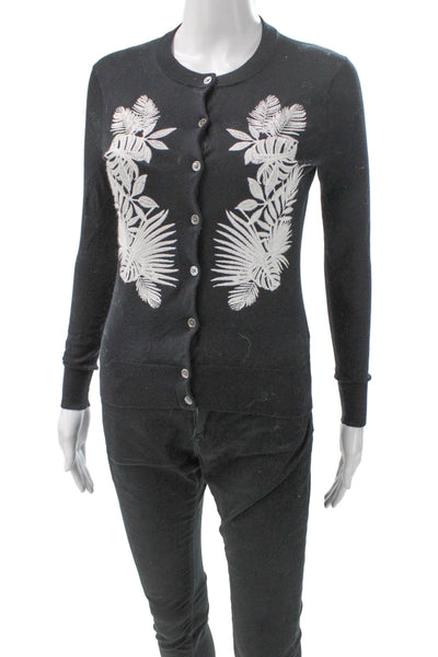 J Crew Womens Floral Black Crew Neck Cardigan Sweater Long Sleeve Size 2XS