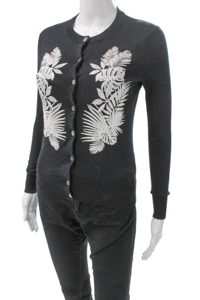 J Crew Womens Floral Black Crew Neck Cardigan Sweater Long Sleeve Size 2XS