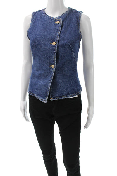 Zara Women Blue Cotton Round Neck Button Sleeveless Vest Size S
