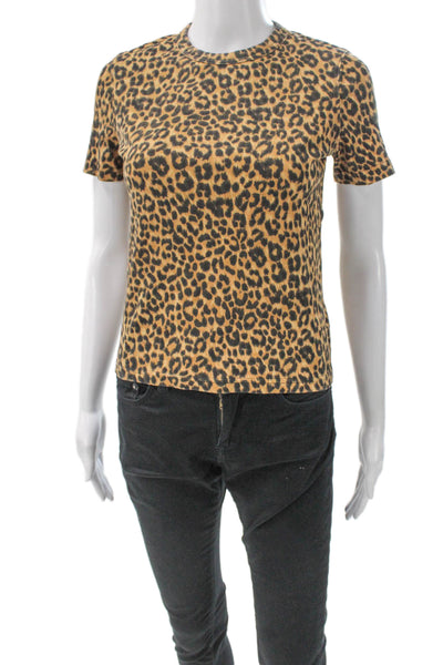 MNG Women Basic T-Shirt Animal Print Brown Cotton Crewneck Short Sleeve Size XS