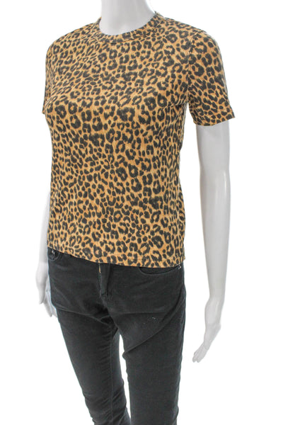 MNG Women Basic T-Shirt Animal Print Brown Cotton Crewneck Short Sleeve Size XS