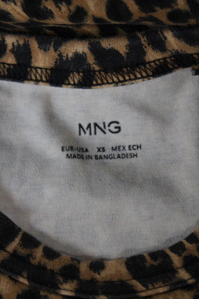 MNG Women Basic T-Shirt Animal Print Brown Cotton Crewneck Short Sleeve Size XS