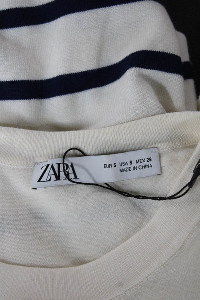 Zara Women Ivory Striped Short Sleeve Pullover Size S