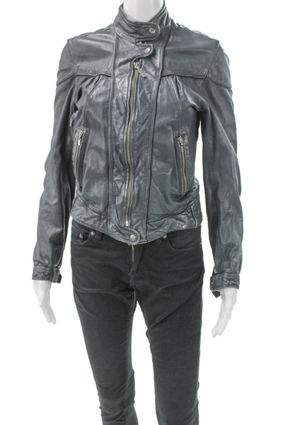Cole Haan Womens Blue Lambskin Leather Motorcycle Jacket Snap Size XS