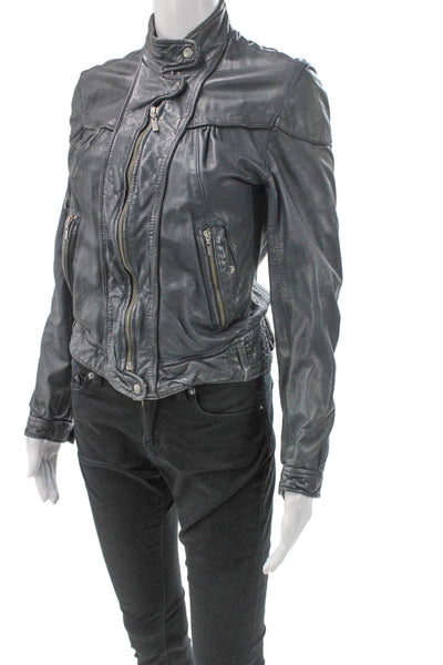 Cole Haan Womens Blue Lambskin Leather Motorcycle Jacket Snap Size XS