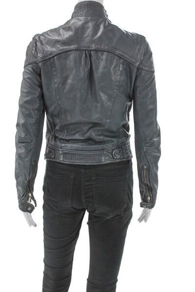 Cole Haan Womens Blue Lambskin Leather Motorcycle Jacket Snap Size XS