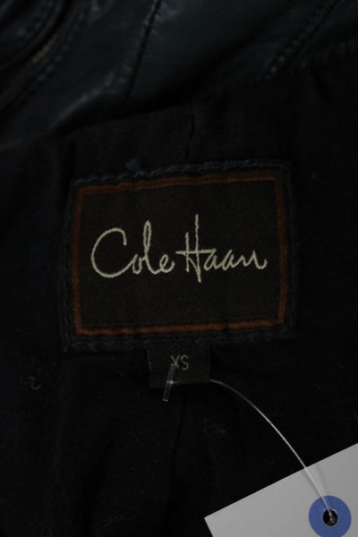 Cole Haan Womens Blue Lambskin Leather Motorcycle Jacket Snap Size XS