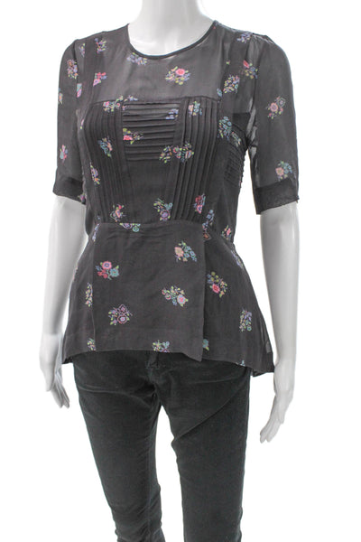 Veronica Beard Womens Peplum Silk Floral Blouse Black Short Sleeve Size 0