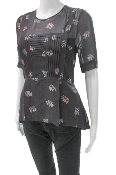 Veronica Beard Womens Peplum Silk Floral Blouse Black Short Sleeve Size 0