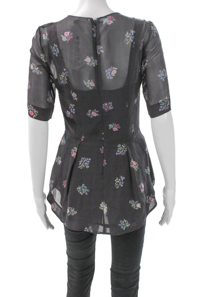 Veronica Beard Womens Peplum Silk Floral Blouse Black Short Sleeve Size 0