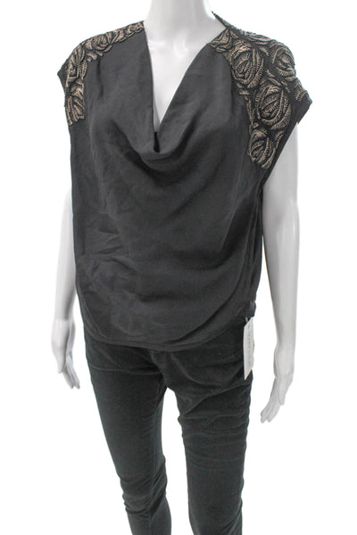 Maiyet Women Silk Cowl Neck Black Short Sleeve Basic Blouse Size 42