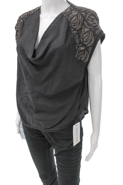 Maiyet Women Silk Cowl Neck Black Short Sleeve Basic Blouse Size 42