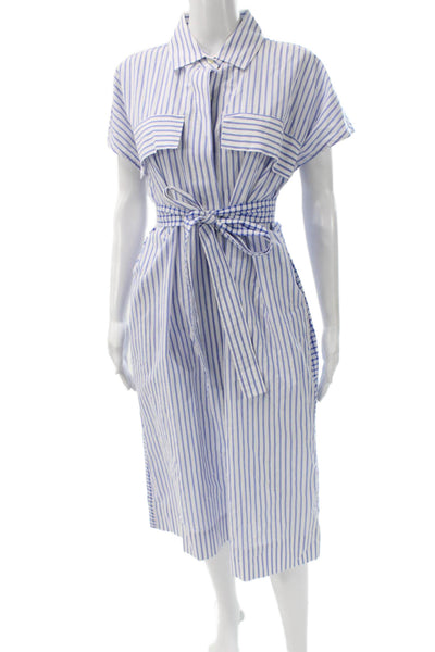 Hinson Wu Women Blue Striped Cotton Shirt Dress Collared Short Sleeve Size S