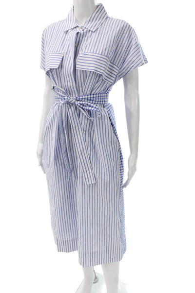 Hinson Wu Women Blue Striped Cotton Shirt Dress Collared Short Sleeve Size S