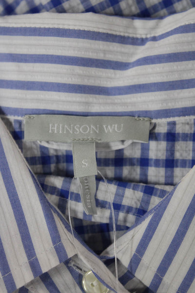 Hinson Wu Women Blue Striped Cotton Shirt Dress Collared Short Sleeve Size S