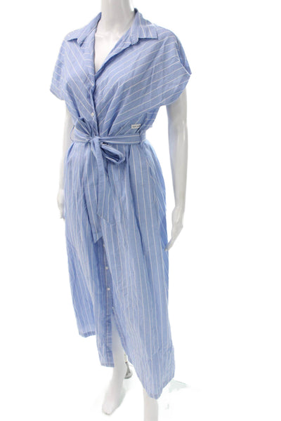 Saint James Women Shirt Dress Blue Cotton Collared Short Sleeve Size 8