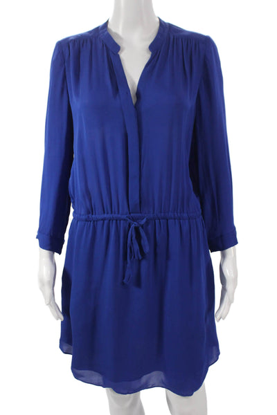 Babaton Women Silk V-Neck Shirt Dress Blue Long Sleeve Knee Length Size M